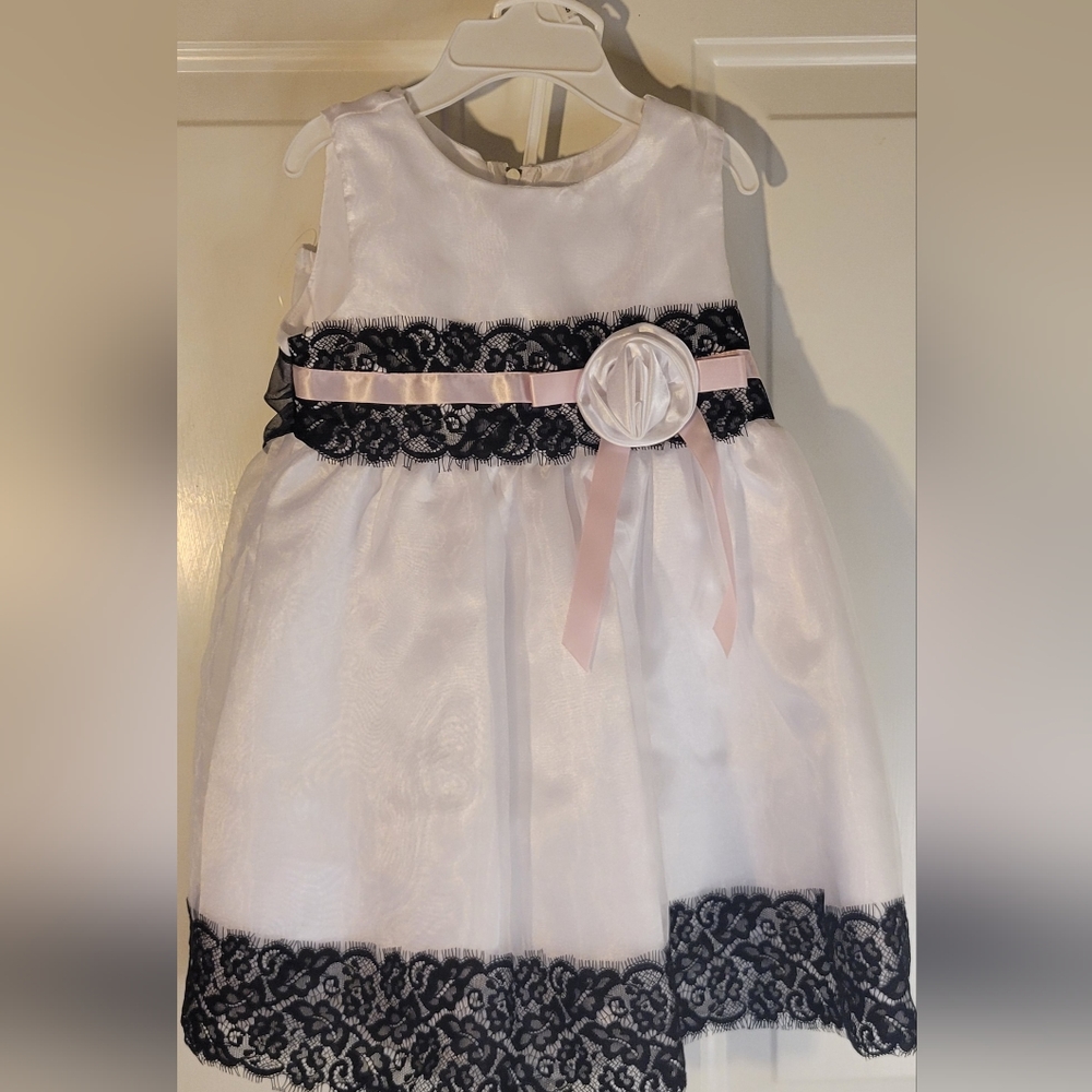 NWT Black/White satin dress with black lace and pink bow. Bloomers included
